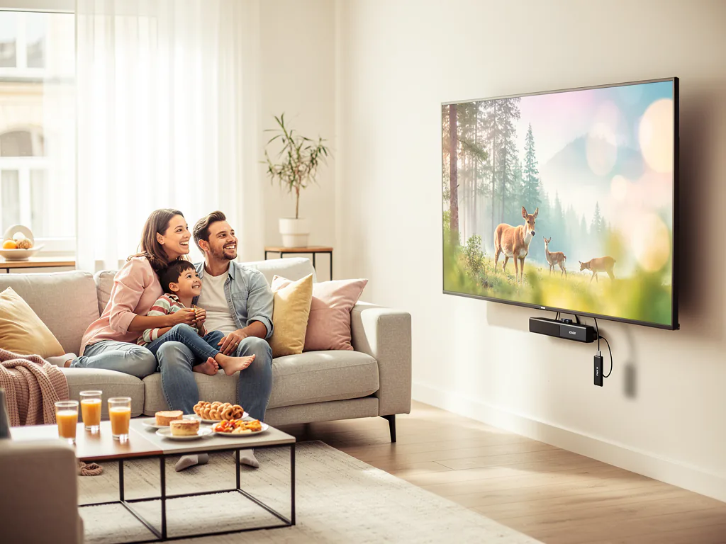 Famaille profitant du meilleur abonnement IPTV pas cher devant un téléviseur avec Fire TV Stick