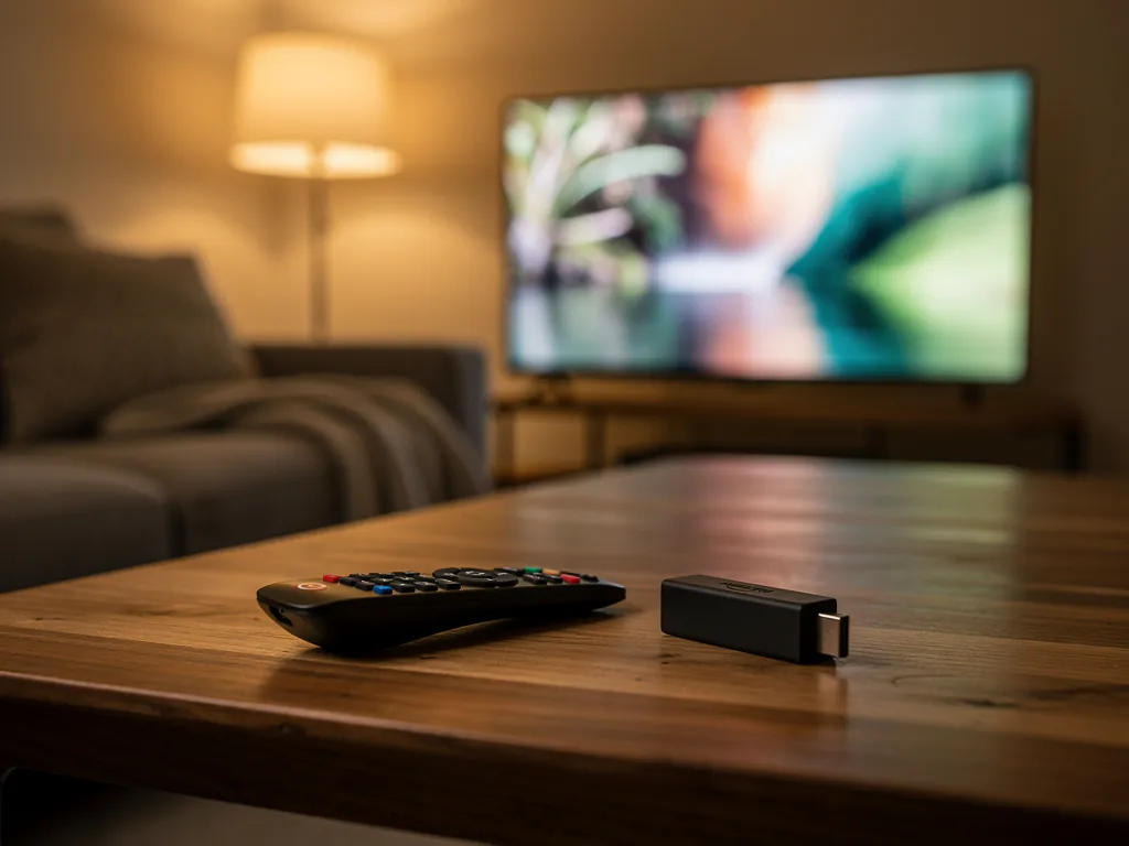 Essai gratuit IPTV sans carte bancaire : télécommande Firestick posée sur une table de salon, téléviseur allumé en arrière-plan