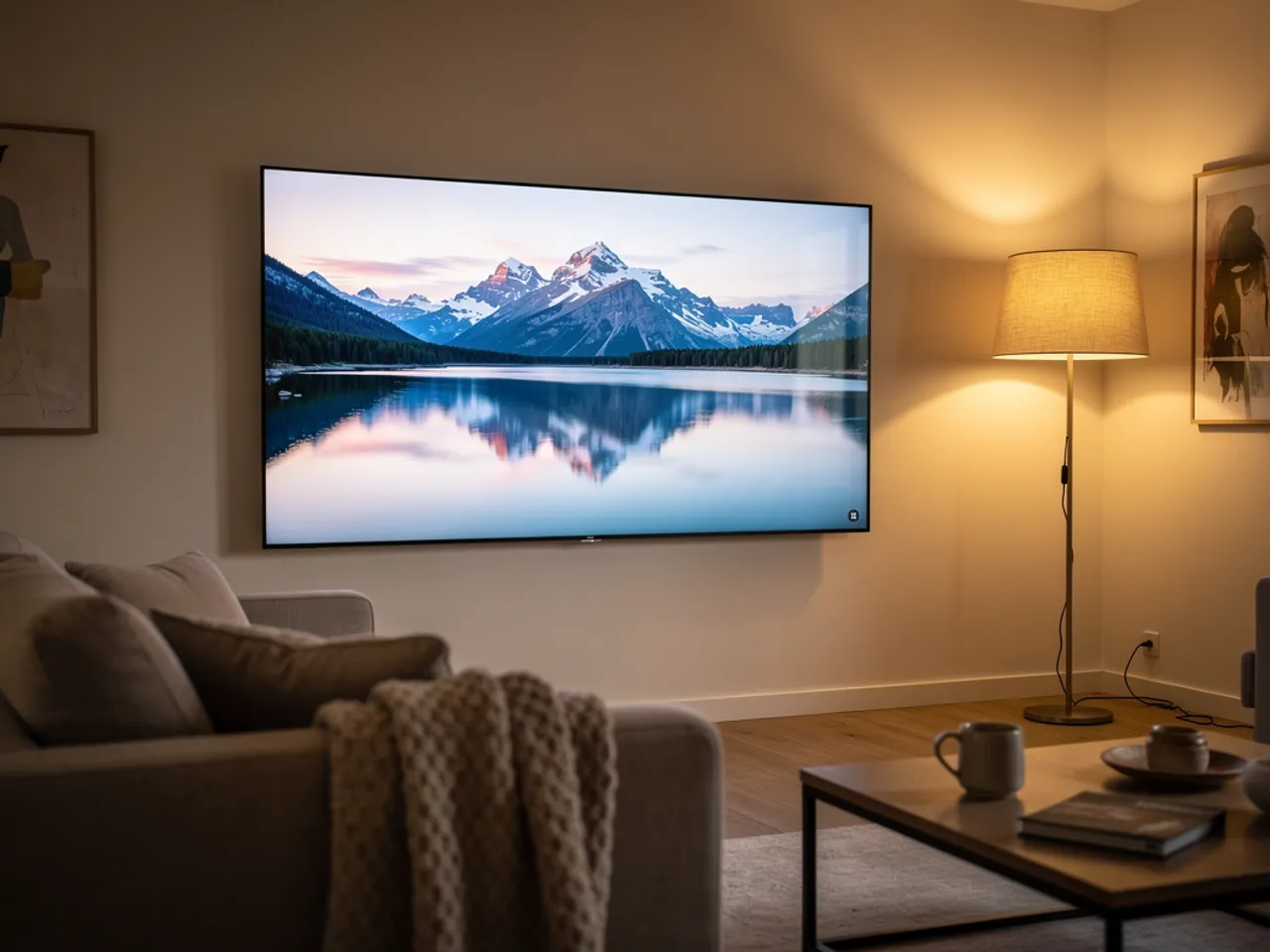 IPTV 4K France : un salon français le soir avec un grand téléviseur diffusant un paysage naturel très net