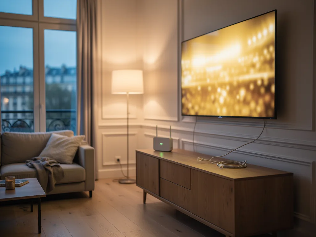 Salon avec téléviseur et routeur : IPTV qui coupe aux heures de pointe chez Free, Orange ou SFR