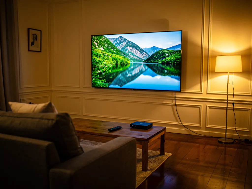 Comparatif IPTV vs Canal+ : salon avec téléviseur 4K diffusant un documentaire