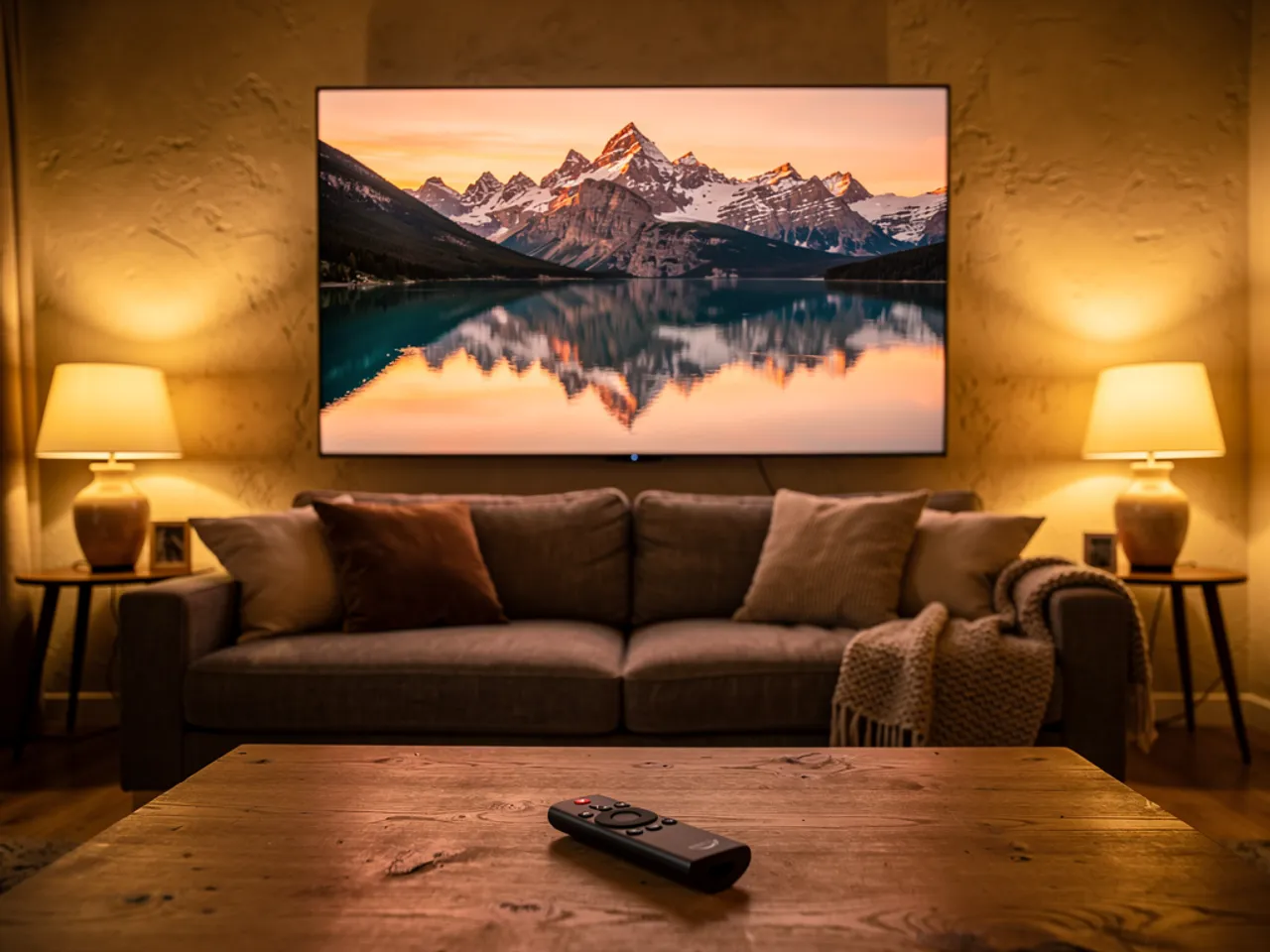 Meilleur IPTV Firestick : un salon français le soir avec une télécommande Fire TV Stick sur la table basse