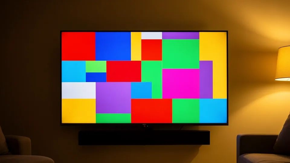 Salon français avec une télévision affichant une grille de couleurs, pour choisir la meilleure application IPTV